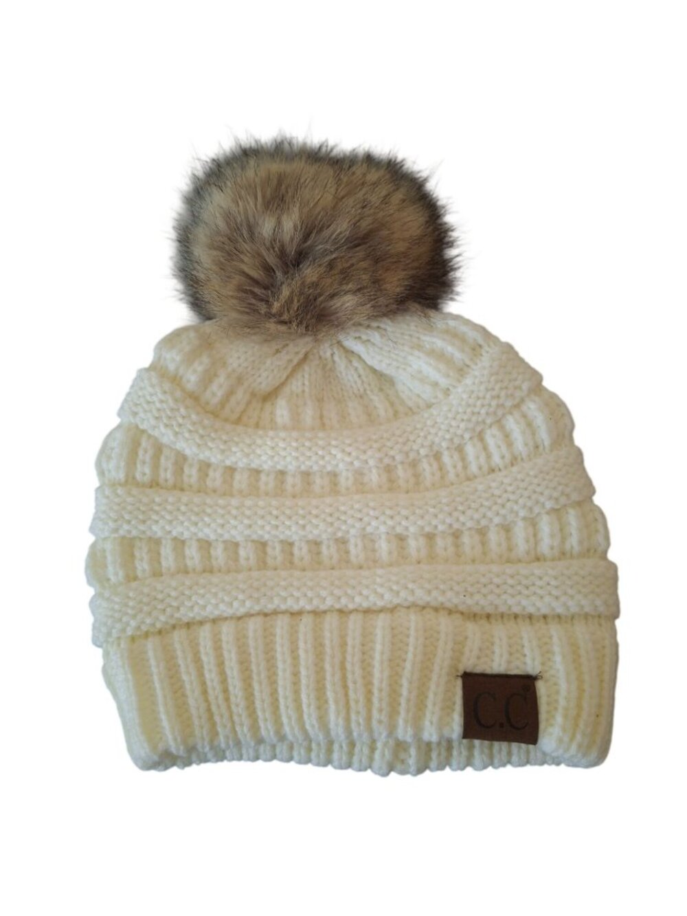 C.C Exclusives Ivory Knit Beanie Faux Fur Pom Womens Cozy Après Ski Winter Hat
